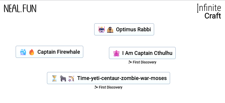Some of the weird words I've made in Infinite Craft, such as "Optimus Rabbi"